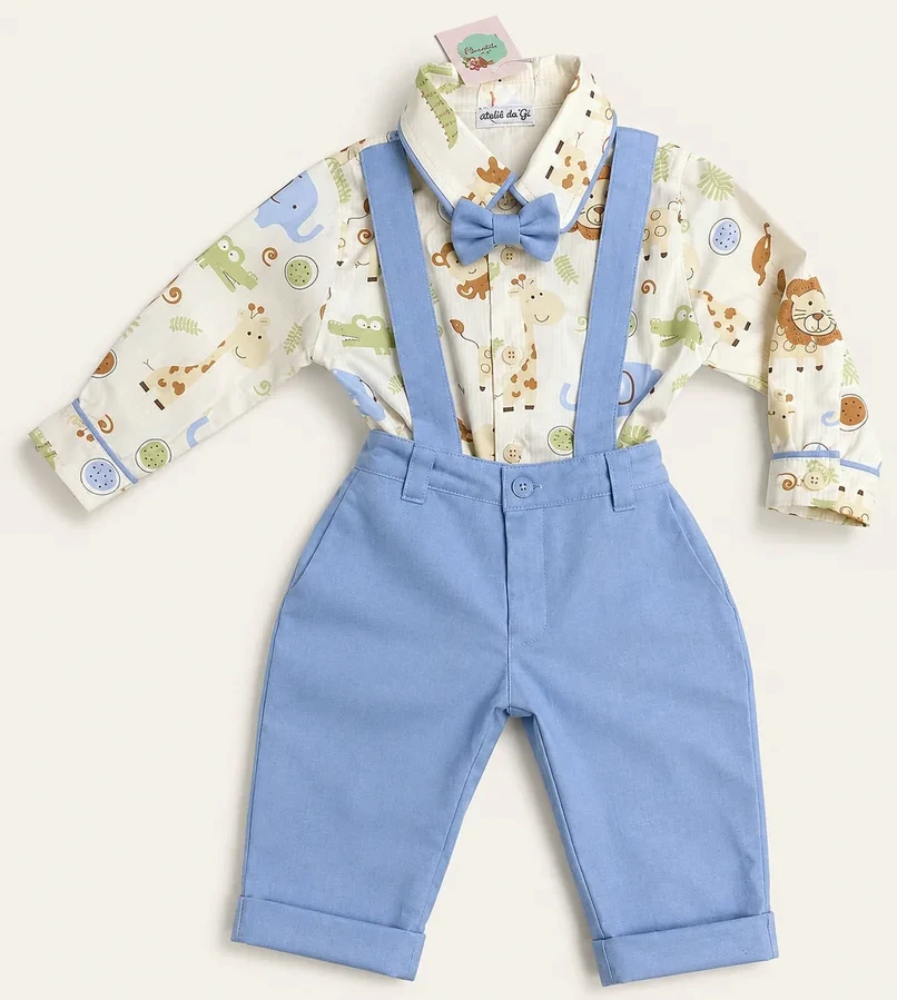 Conjunto Safari Elegante completo, com camisa, calça social e gravata borboleta