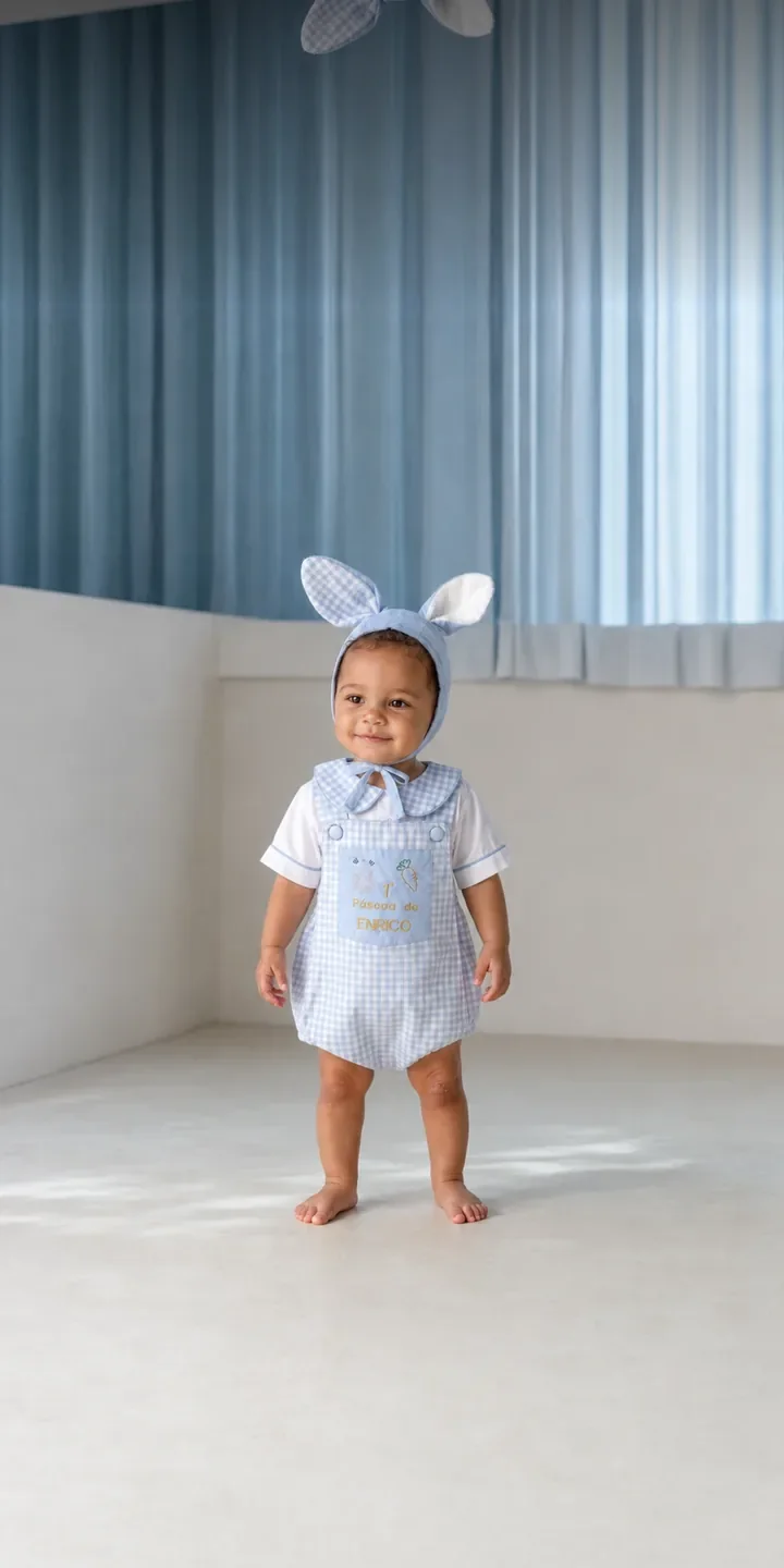 Bebê de romper xadrez azul com touquinha de orelhas de coelho