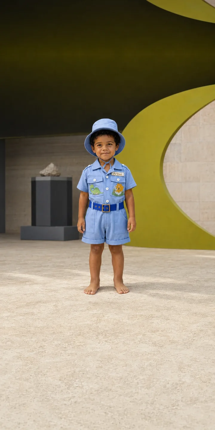 Criança de macacão dino com chapéu azul em cenário verde