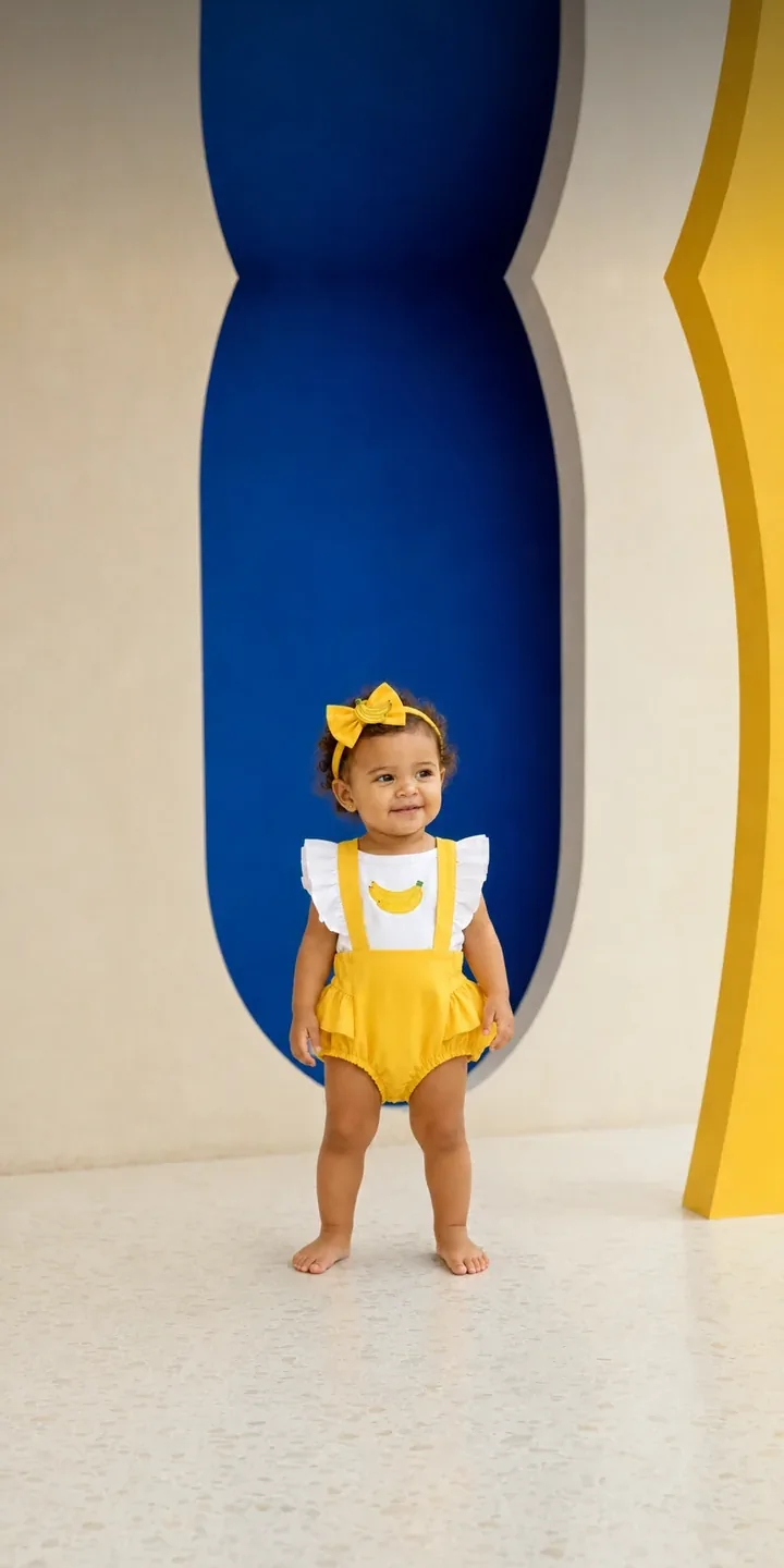 Bebê de romper amarelo com bananas bordadas num cenário azul e amarelo