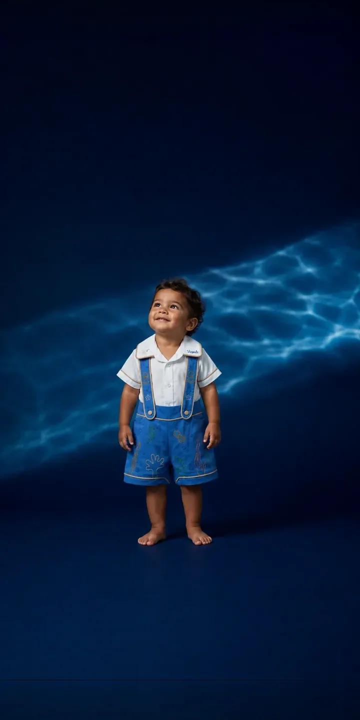 Menino de conjunto azul com bordados marinhos, luz de água azul ao fundo