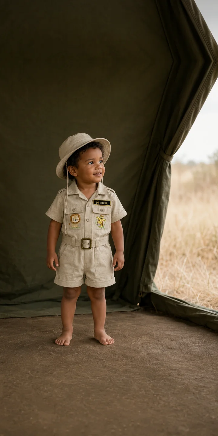 Bebê de macacão safári caqui e chapéu, em cenário de savana