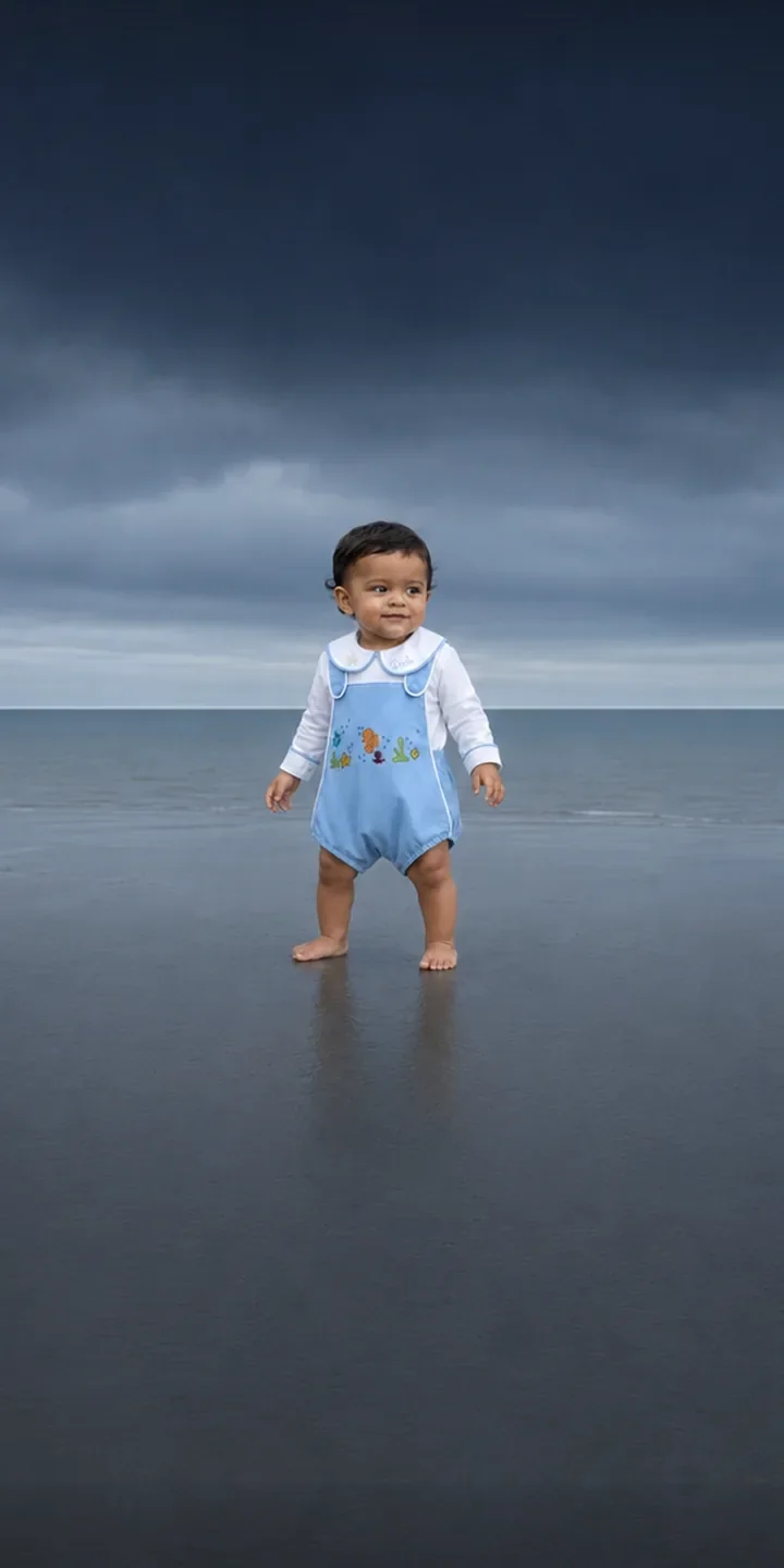 Bebê de romper azul com bordados do mar numa praia de céu carregado
