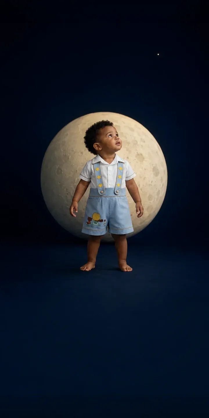 Menino de conjunto azul com suspensórios de estrelas diante da lua
