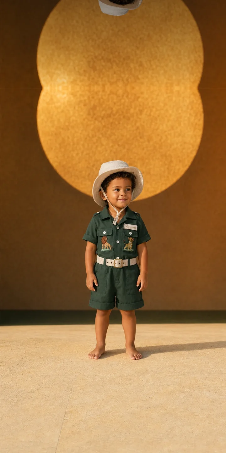 Bebê de macacão rei leão diante de um sol dourado
