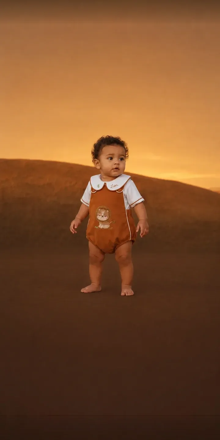 Bebê de romper safári terracota com leão bordado, diante de dunas ao entardecer