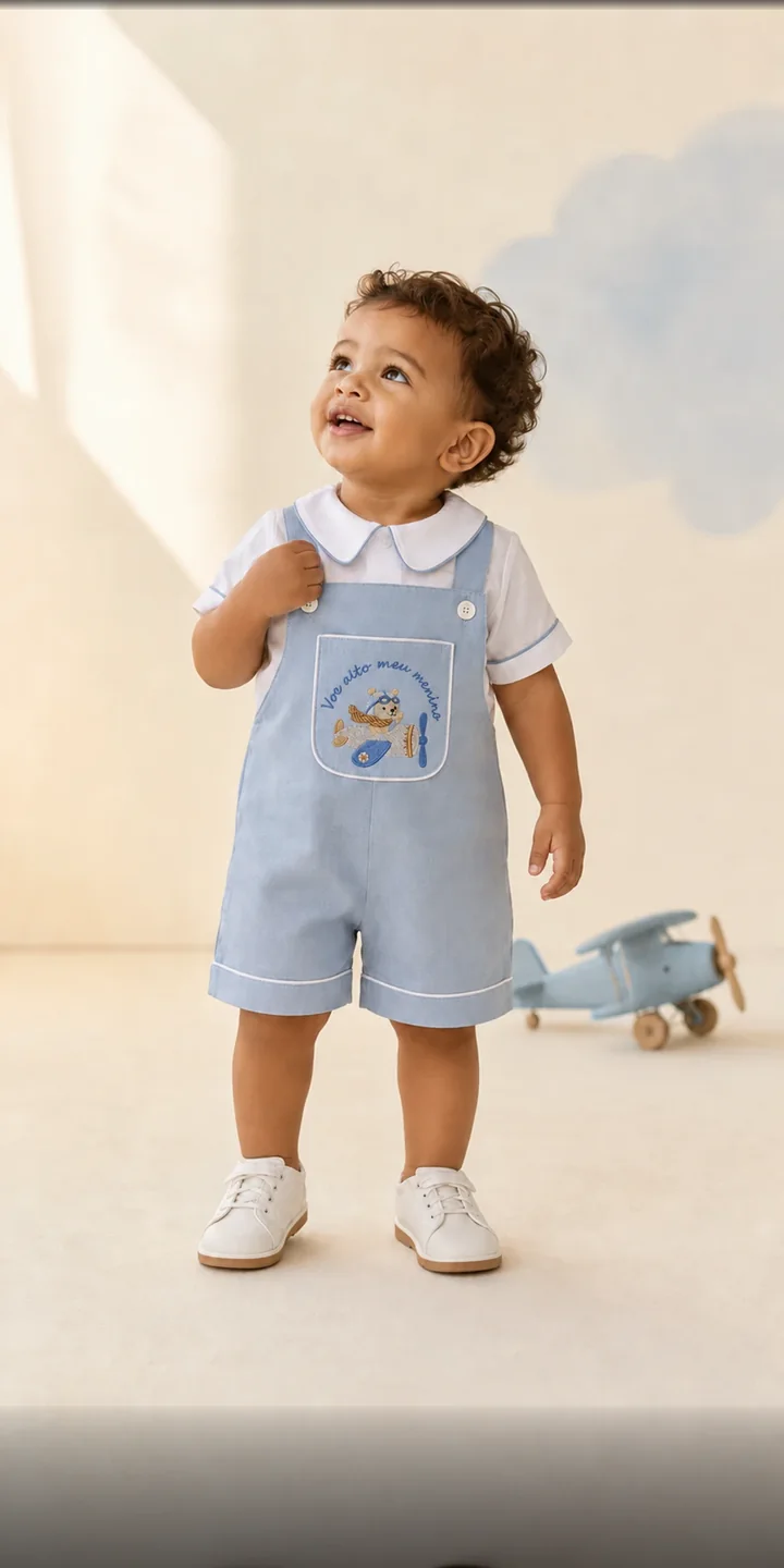Bebê de jardineira urso aviador com aviãozinho de brinquedo