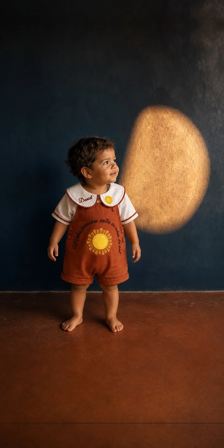 Bebê de macacão da primeira volta ao sol diante de um sol ao entardecer