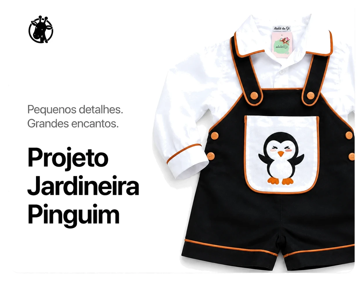 Jardineira Pinguim em preto e branco com vivo caramelo