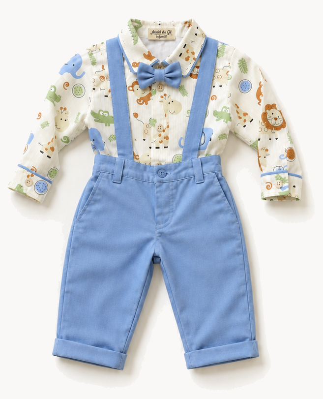 Conjunto Safari Elegante completo: camisa estampada, calça social e gravata borboleta