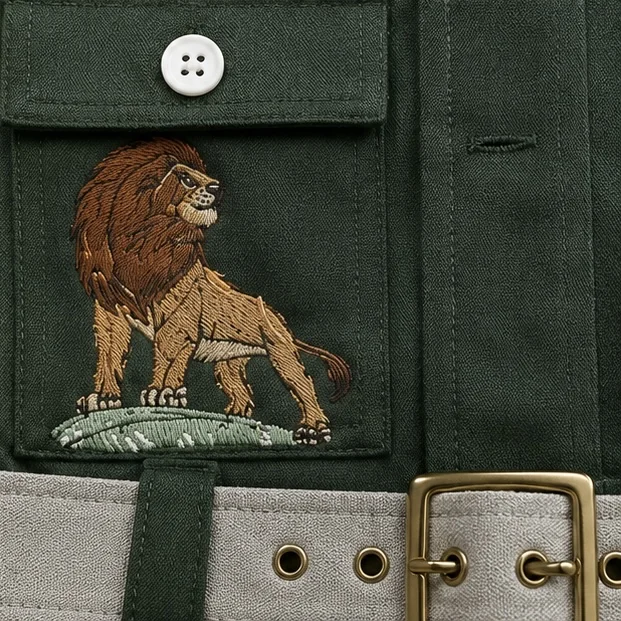 Leão e filhote bordados nos bolsos do peito
